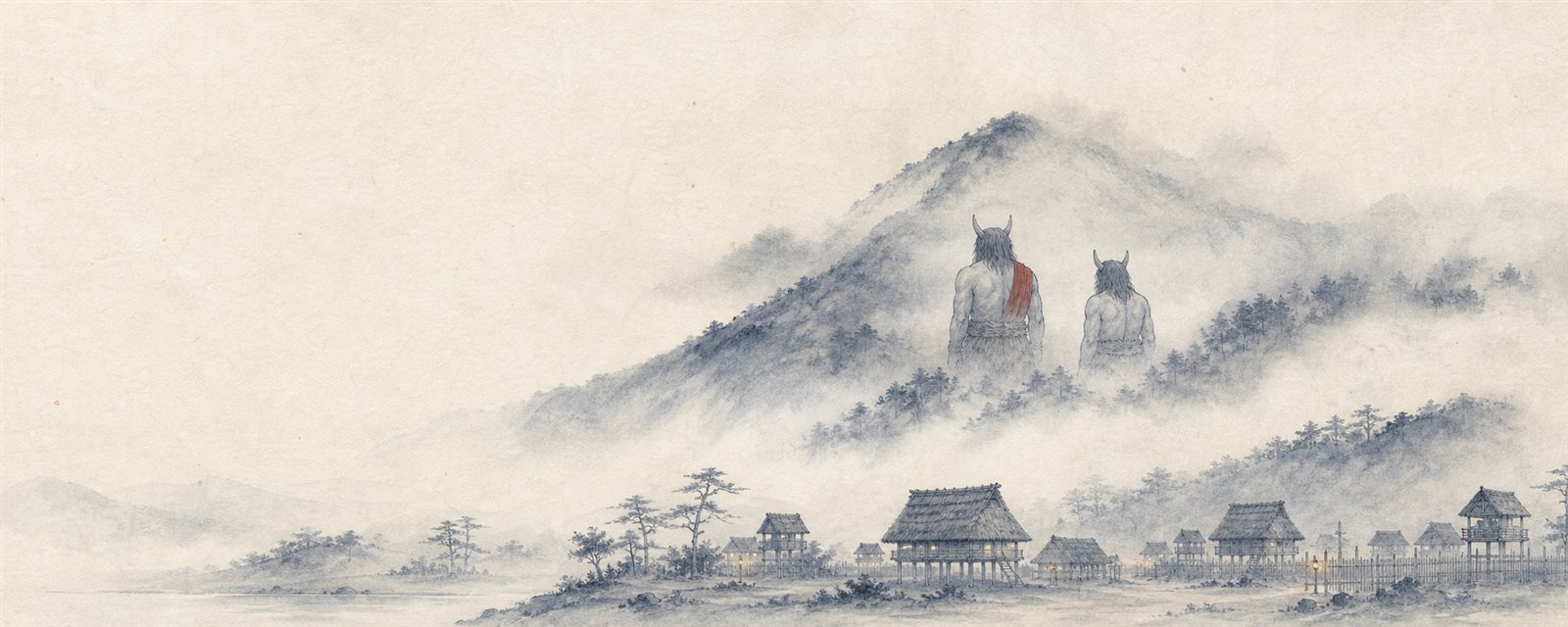 霧の鬼住山の中腹に佇む二体の鬼の影と、ふもとの古代の集落
