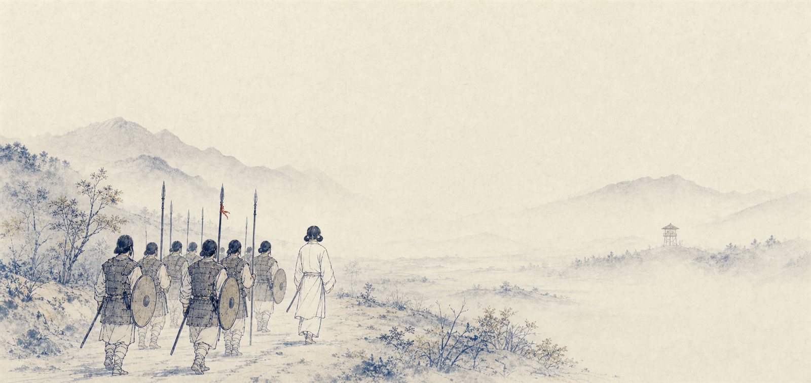霧の谷を進む古代の素朴な軍列。先頭に小さな貴人の後ろ姿