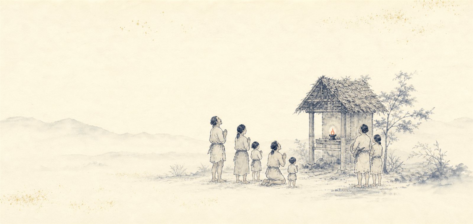 笹の葉と木の皮で葺いた古代の素朴な社の前で、里の人々が喜び集っている