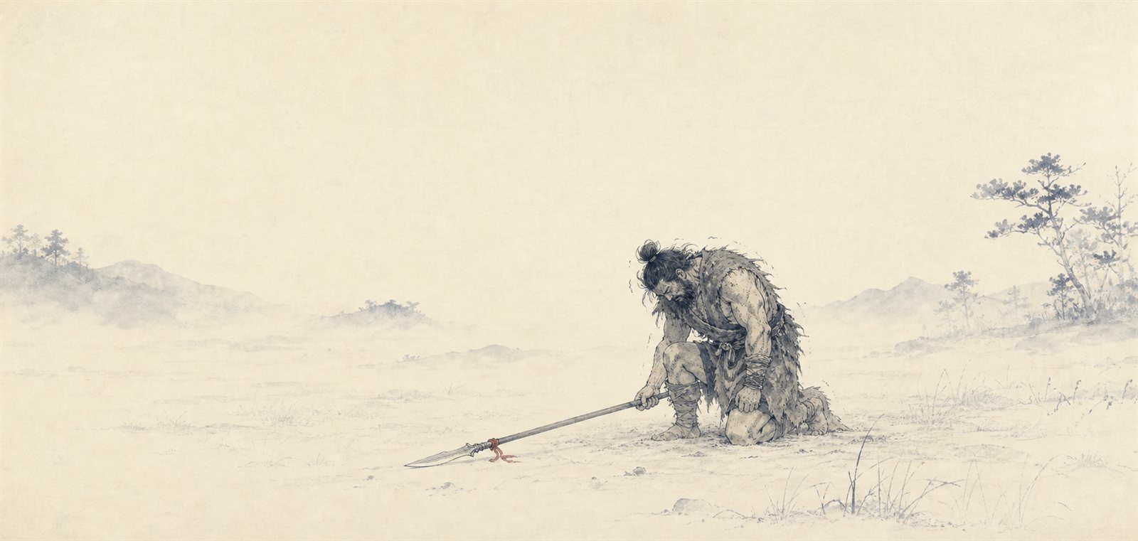 美豆良に革甲をまとった大柄な古墳前期の武人(石蟹)が、霧の野で矛を取り落としかけ、膝を落とす。強者なのに震えて戦えない