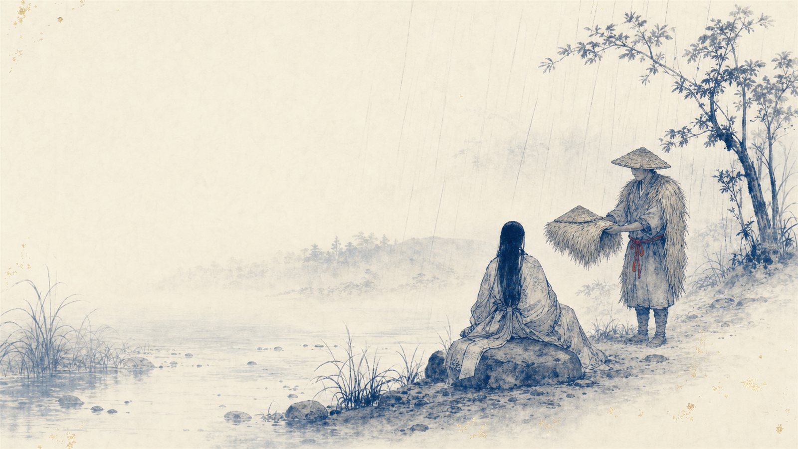 五月雨の古代の川辺。石に休む旅装の皇后に、里人が菅の蓑笠を両手で差し出す