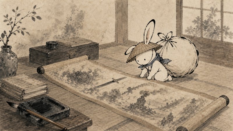 畳の上で鬼退治の絵巻物を広げる白いうさぎの水彩イラスト
