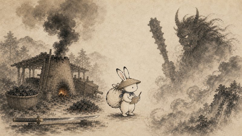 たたら場と龍の影の間に立つ白いうさぎの水彩イラスト