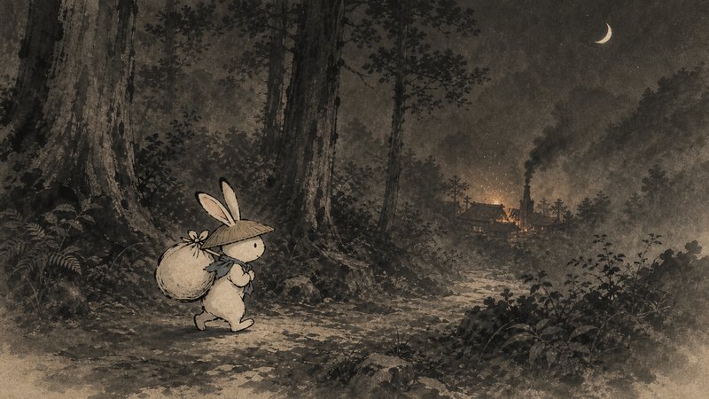 山道に立ち遠くの鍛冶場の灯りを見つめる白いうさぎの水彩イラスト