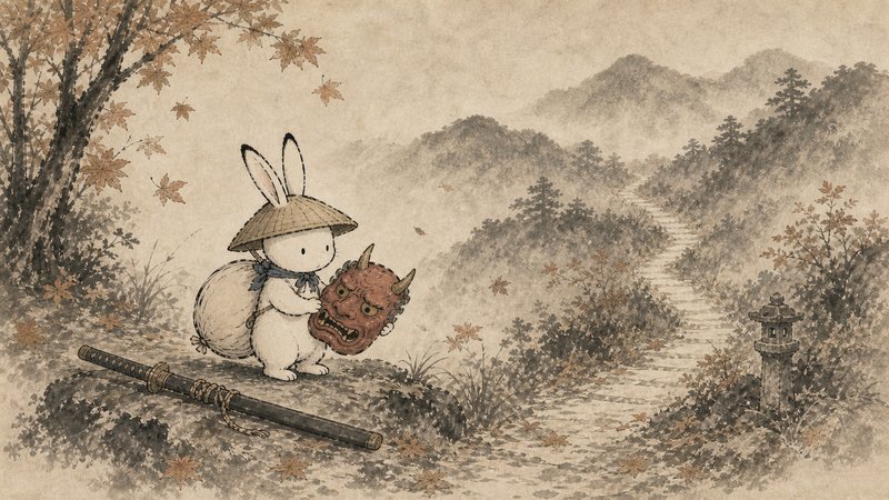 紅葉の山を背景に赤い鬼面を持つ白いうさぎの水彩イラスト