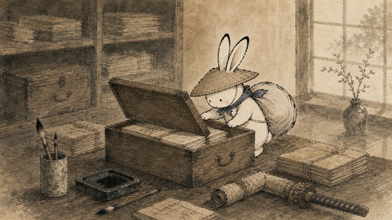 和室で古い文書箱を開ける白いうさぎの水彩イラスト