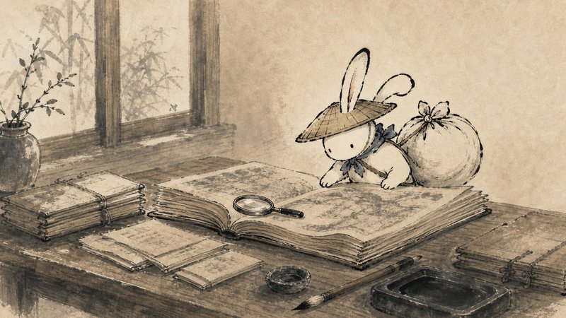書斎の机で古い本を読む白いうさぎの水彩イラスト