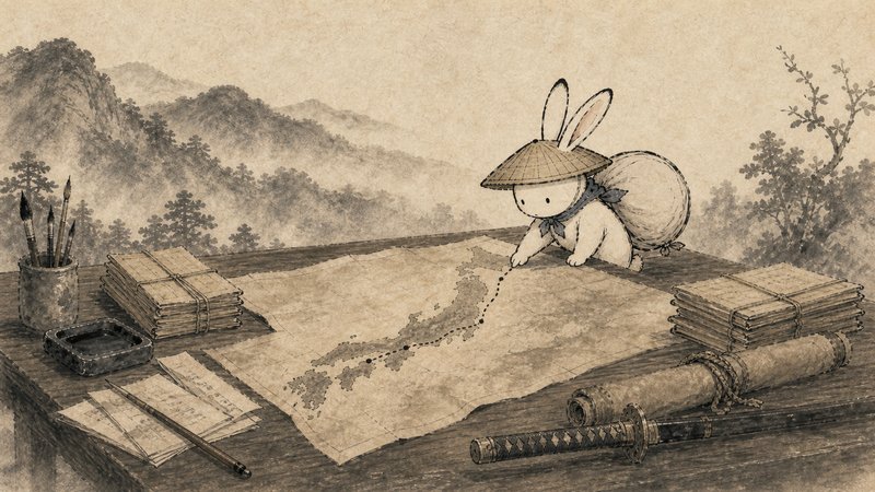 机の上に日本地図を広げて調べる白いうさぎの水彩イラスト