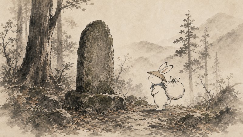 田園風景の中で苔むした石碑を見上げる白いうさぎの水彩イラスト