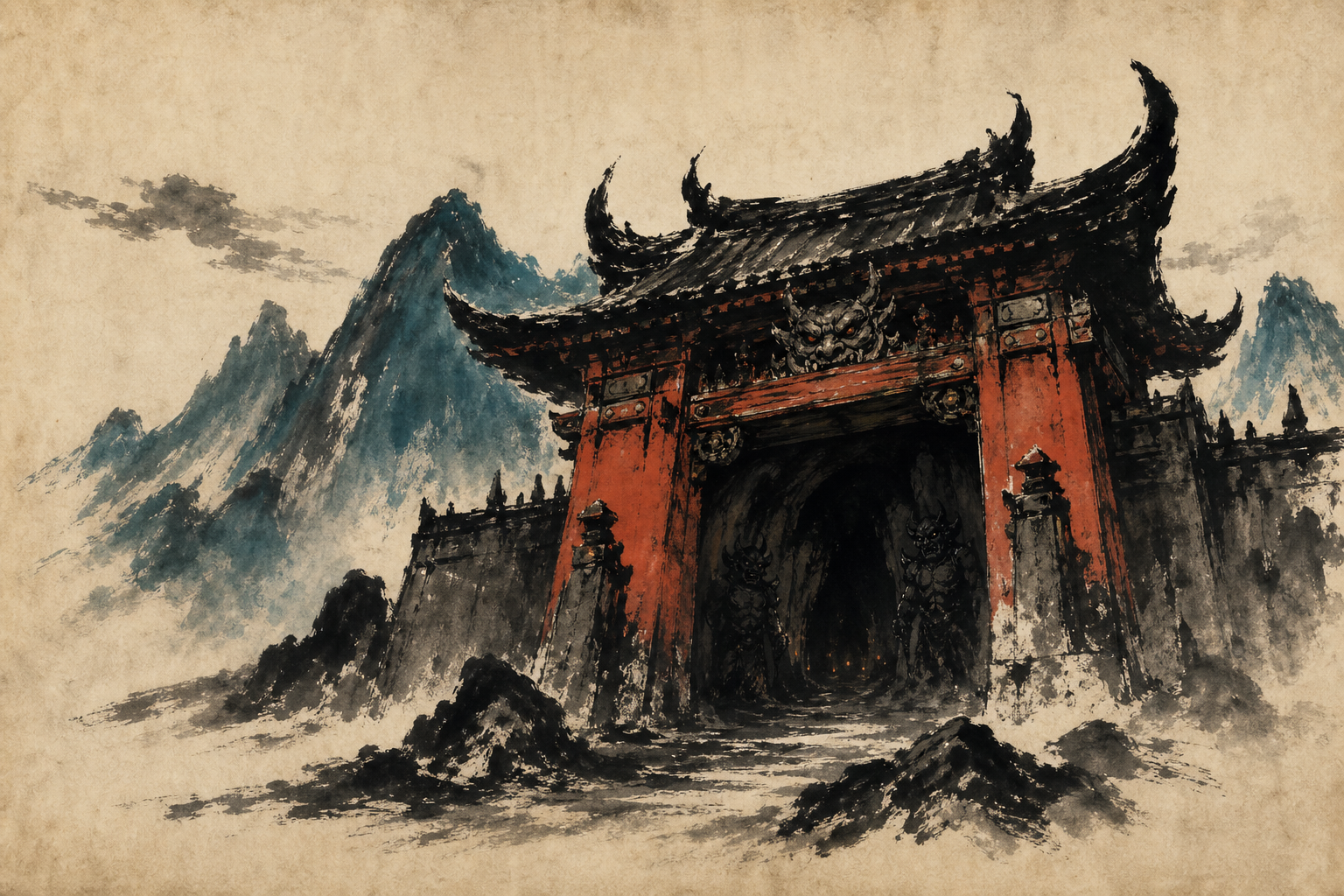 墨で描いた、山あいにそびえる鬼の城の門