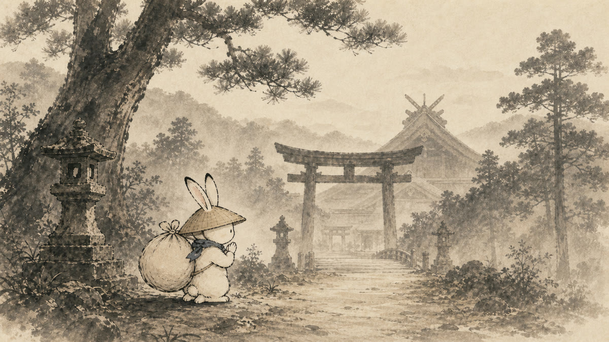 出雲の朝、旅兎が旅の無事を祈る