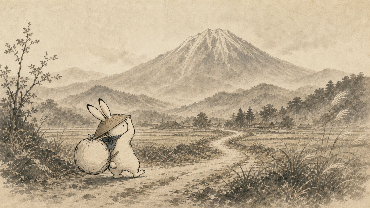 大山を初めて見上げる旅兎