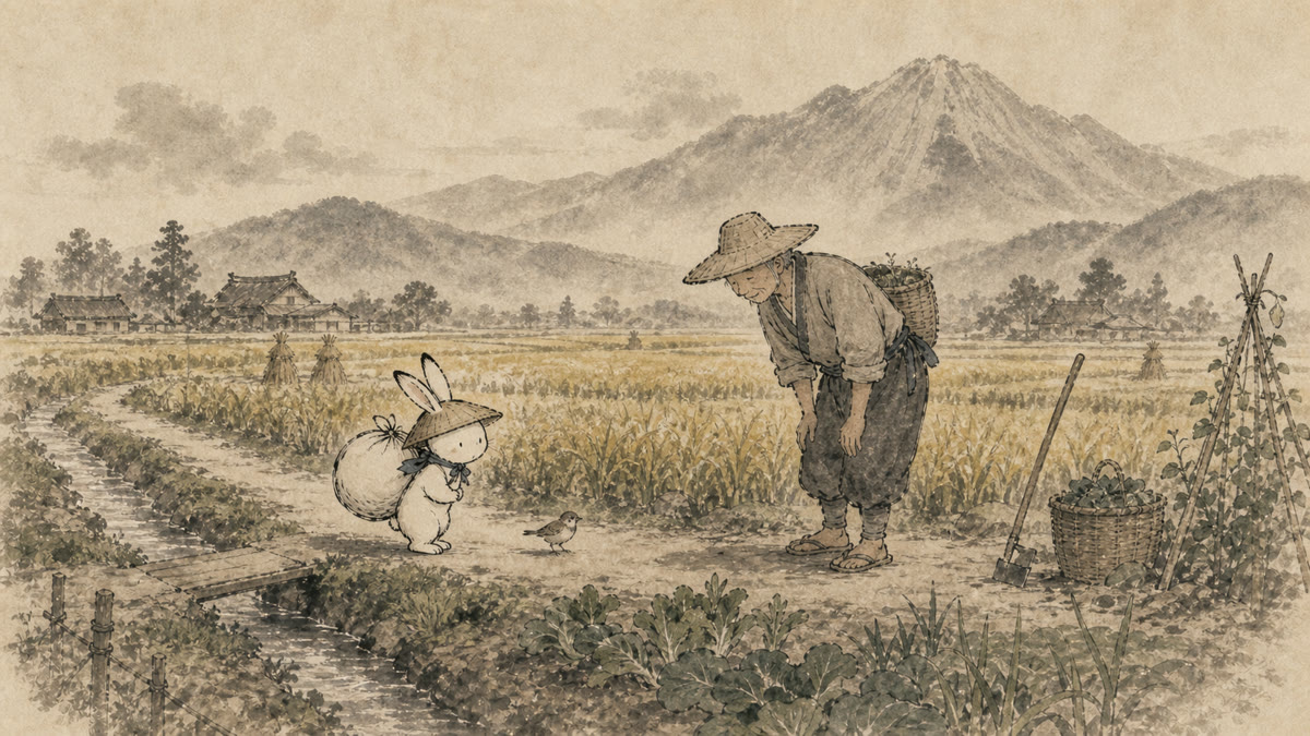 伯耆の田畑で土地の人と出会う旅兎