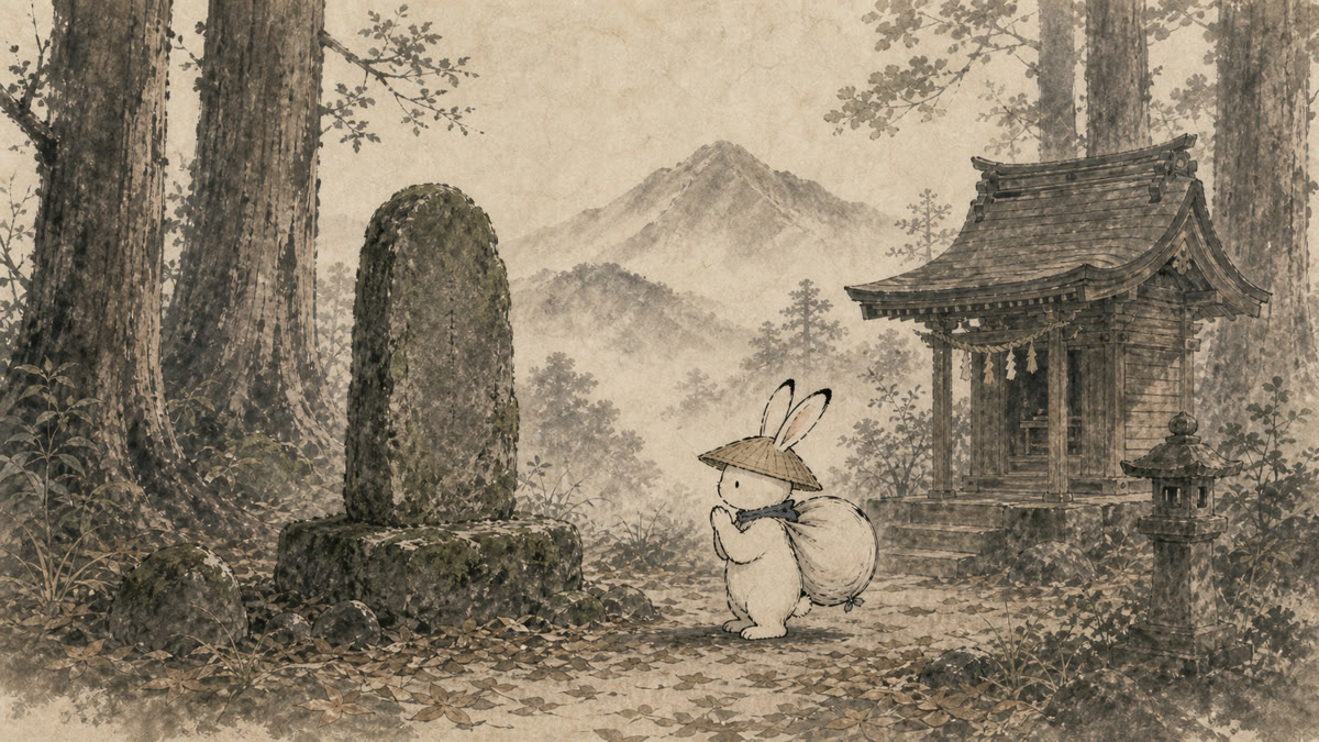 小さな祠で手を合わせる旅兎